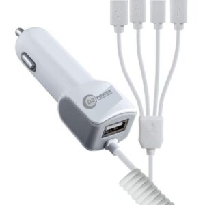 Bs Power 4-in-1 Fast Car Charger 22.5W Output with USB Port, Dual Type-C, Micro USB & iPin Cable, Universal Multi Device Car Adapter for Smart Phones, Tablets & Gadgets