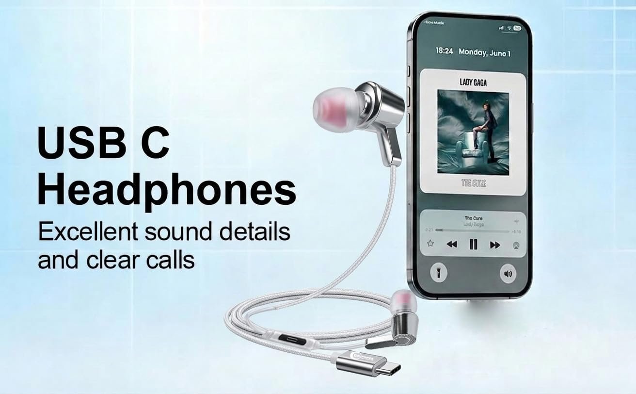 Type C Earphones with Mic & Control Button | Wired USB C in-Ear Earbuds with Microphone | Compatible with Smartphones, Tablets & Laptops - Image 3